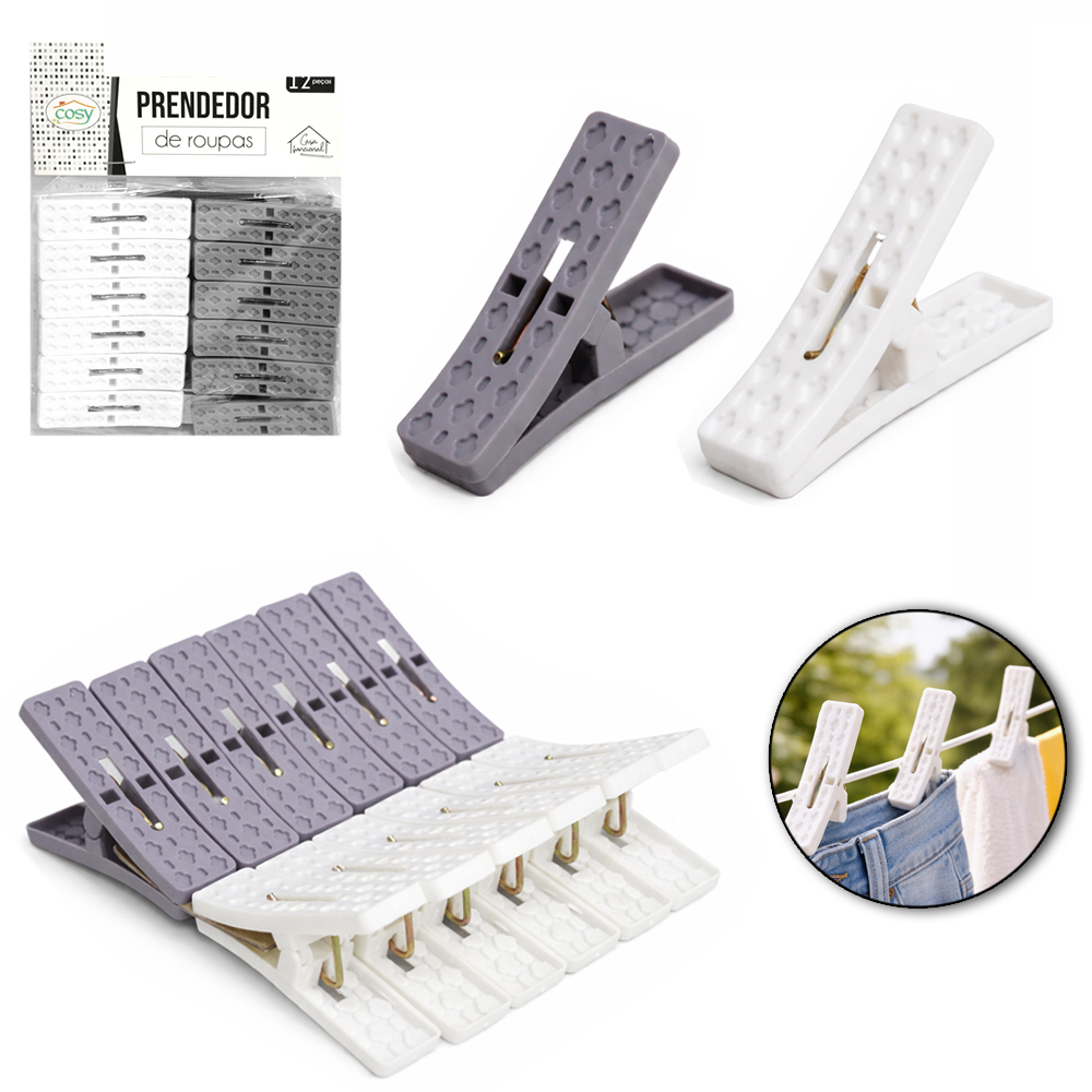 PRENDEDOR DE ROUPA DE PLASTICO BRANCO / CINZA COM 12 PECAS 6X1,5CM