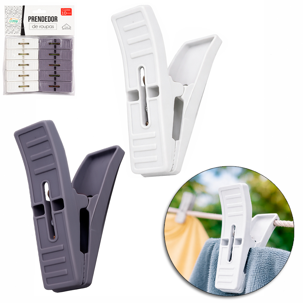 PRENDEDOR DE ROUPA DE PLASTICO BRANCO / CINZA COM 10 PECAS 6X2CM