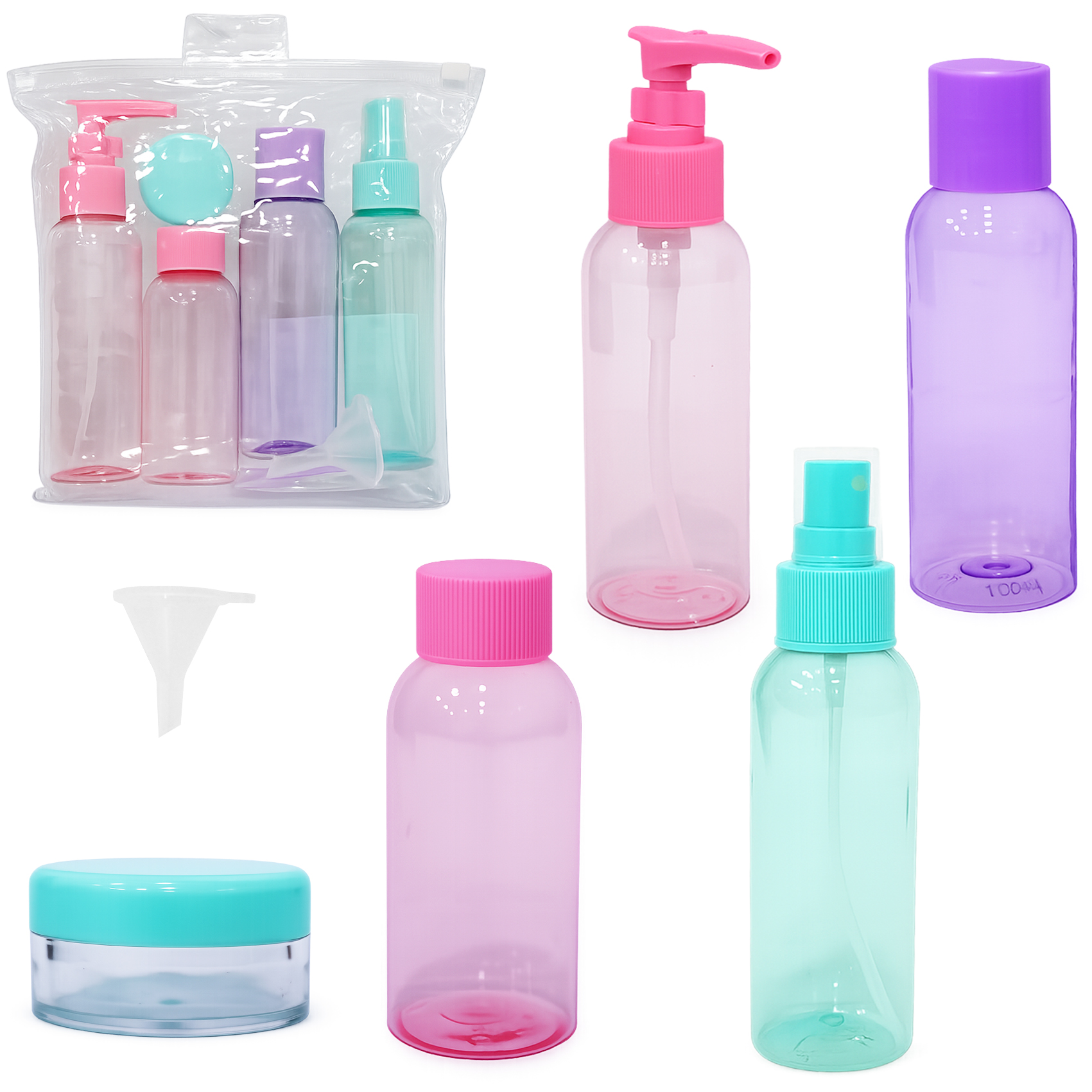 KIT FRASCO DE PLASTICO PARA VIAGEM + MINI POTE PORTA CREME + FUNIL E ESPATULA 7 PECAS NA BOLSA