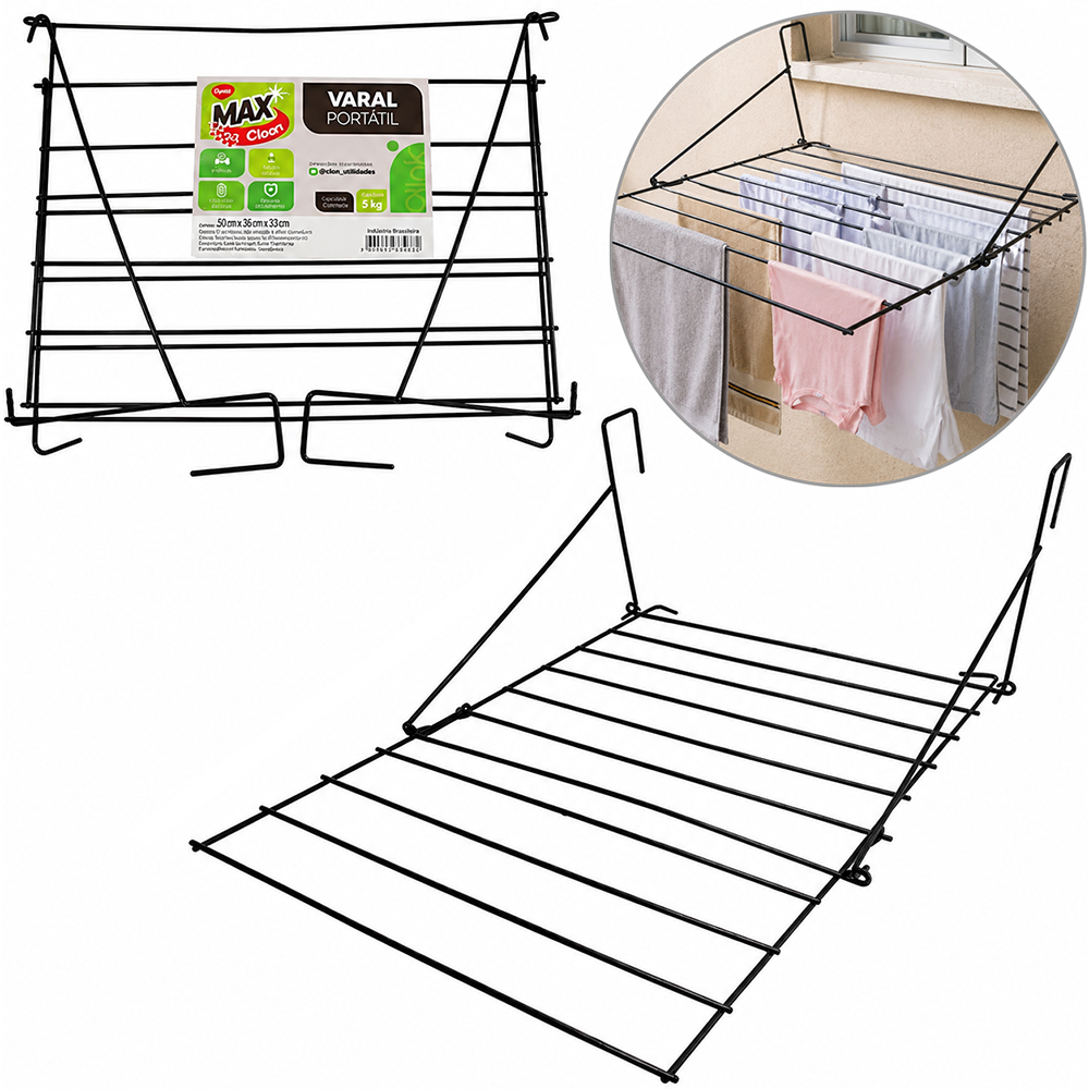 VARAL DE PENDURAR DOBRAVEL DE METAL RETANGULAR PORTATIL MAX CLEAN 73X58X28CM