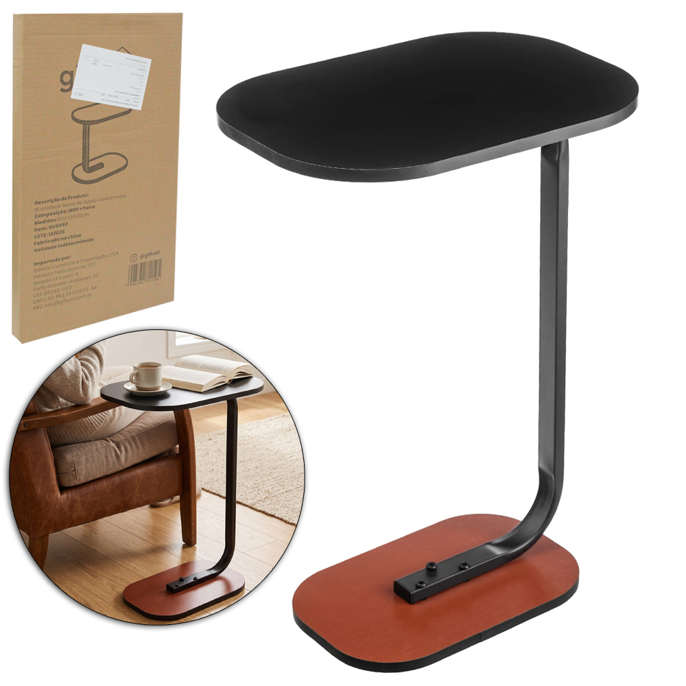 MESA DE APOIO LATERAL MDF / METAL OVAL PRETA 60X45X30CM