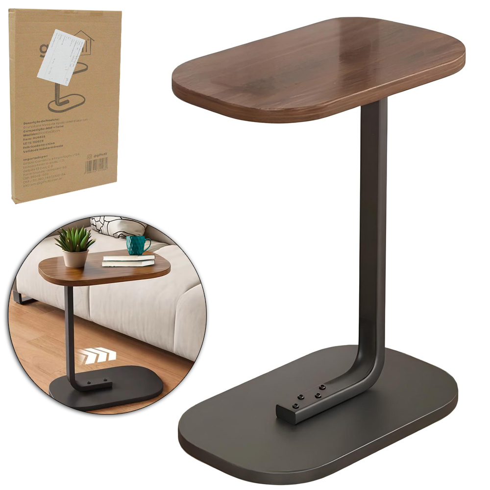 MESA DE APOIO LATERAL MDF / METAL OVAL MARROM 60X45X30CM