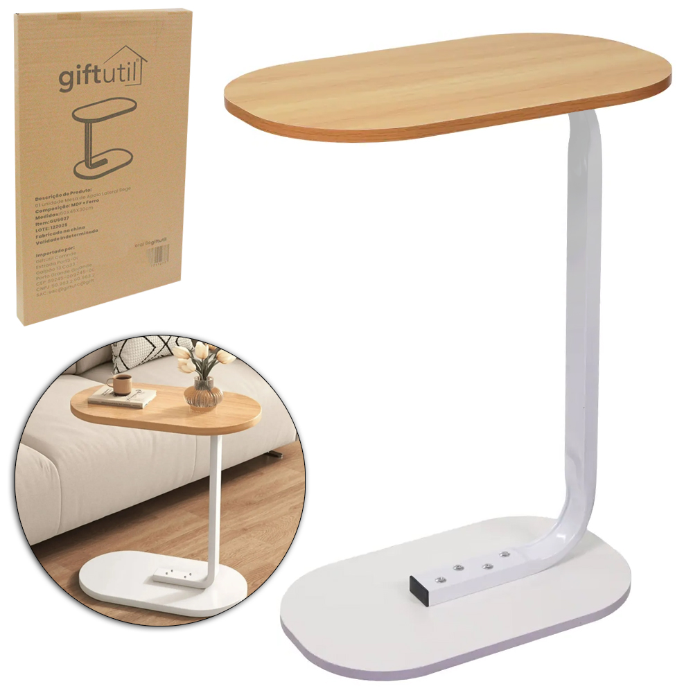MESA DE APOIO LATERAL MDF / METAL OVAL BEGE 60X45X30CM