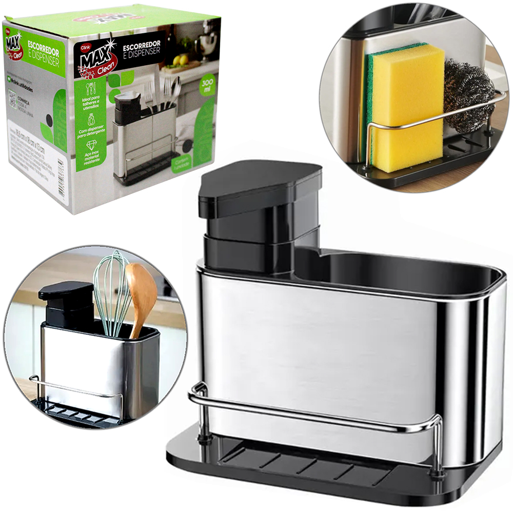 DISPENSER ORGANIZADOR DE PIA / PORTA DETERGENTE / ESPONJA DE INOX / PLASTICO MAX CLEAN 300ML 18,6X18X13CM 