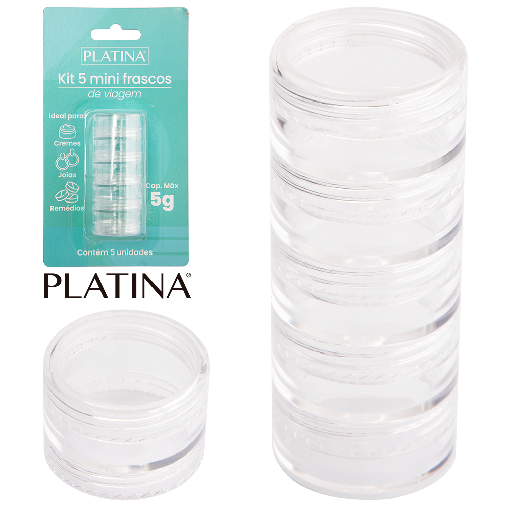 KIT 5 MINI FRASCO POTE PORTA CREME / JOIAS/REMEDIOS DE ACRILICO PARA VIAGEM PLATINA 5 PECAS