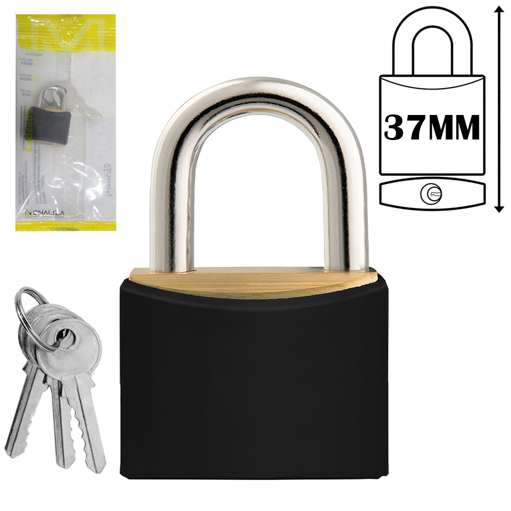 CADEADO 37MM HASTE CURTA COM 3 CHAVES REVESTIDO PRETO