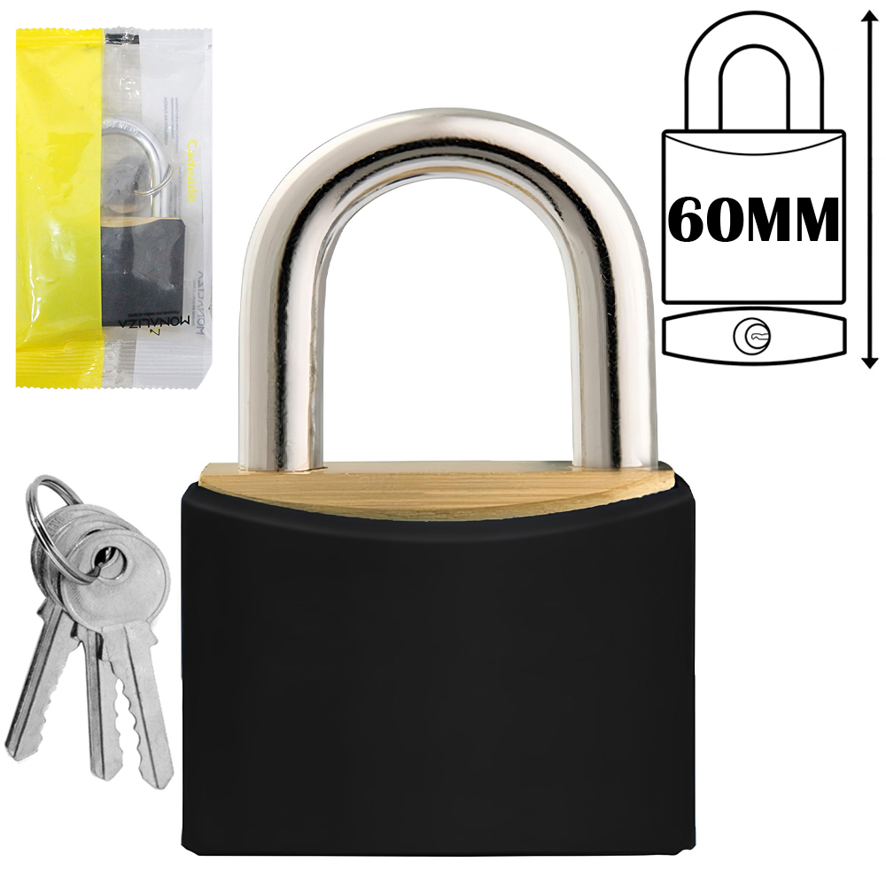 CADEADO 60MM HASTE CURTA COM 3 CHAVES REVESTIDO PRETO