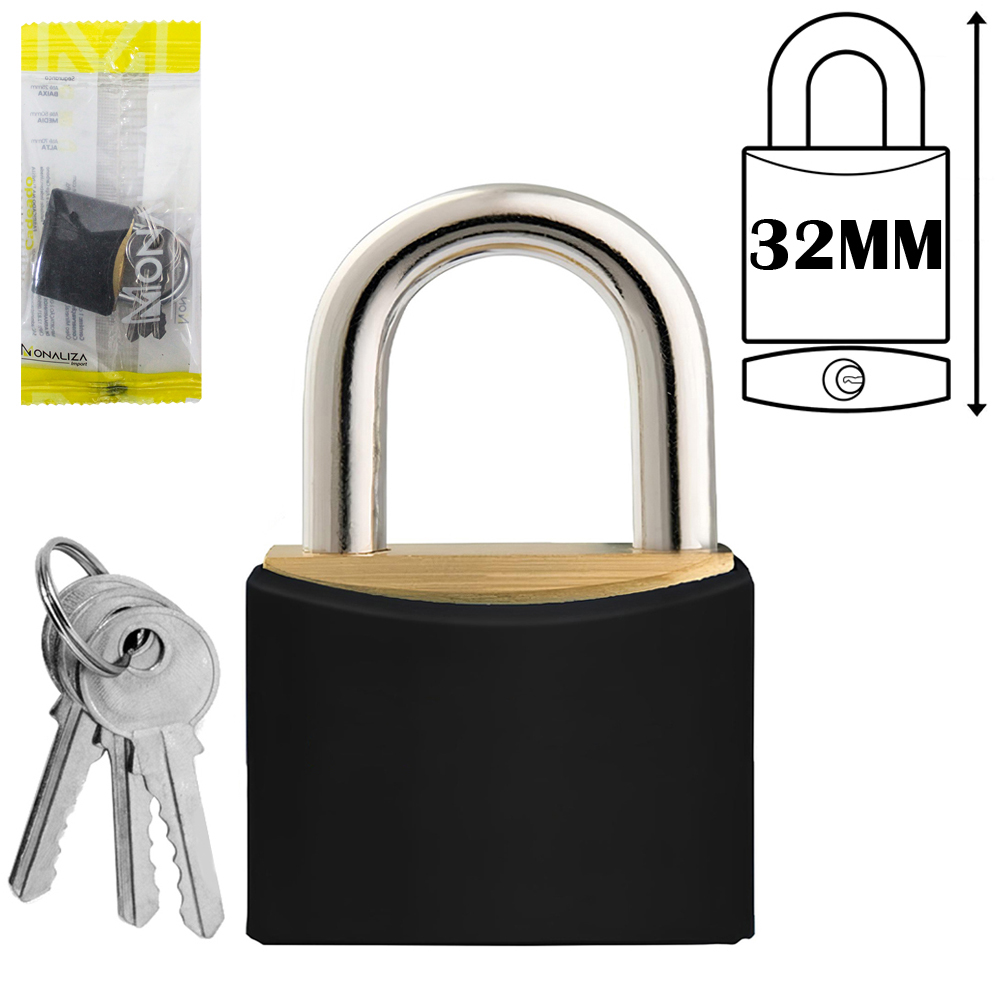 CADEADO 32MM HASTE CURTA COM 3 CHAVES REVESTIDO PRETO