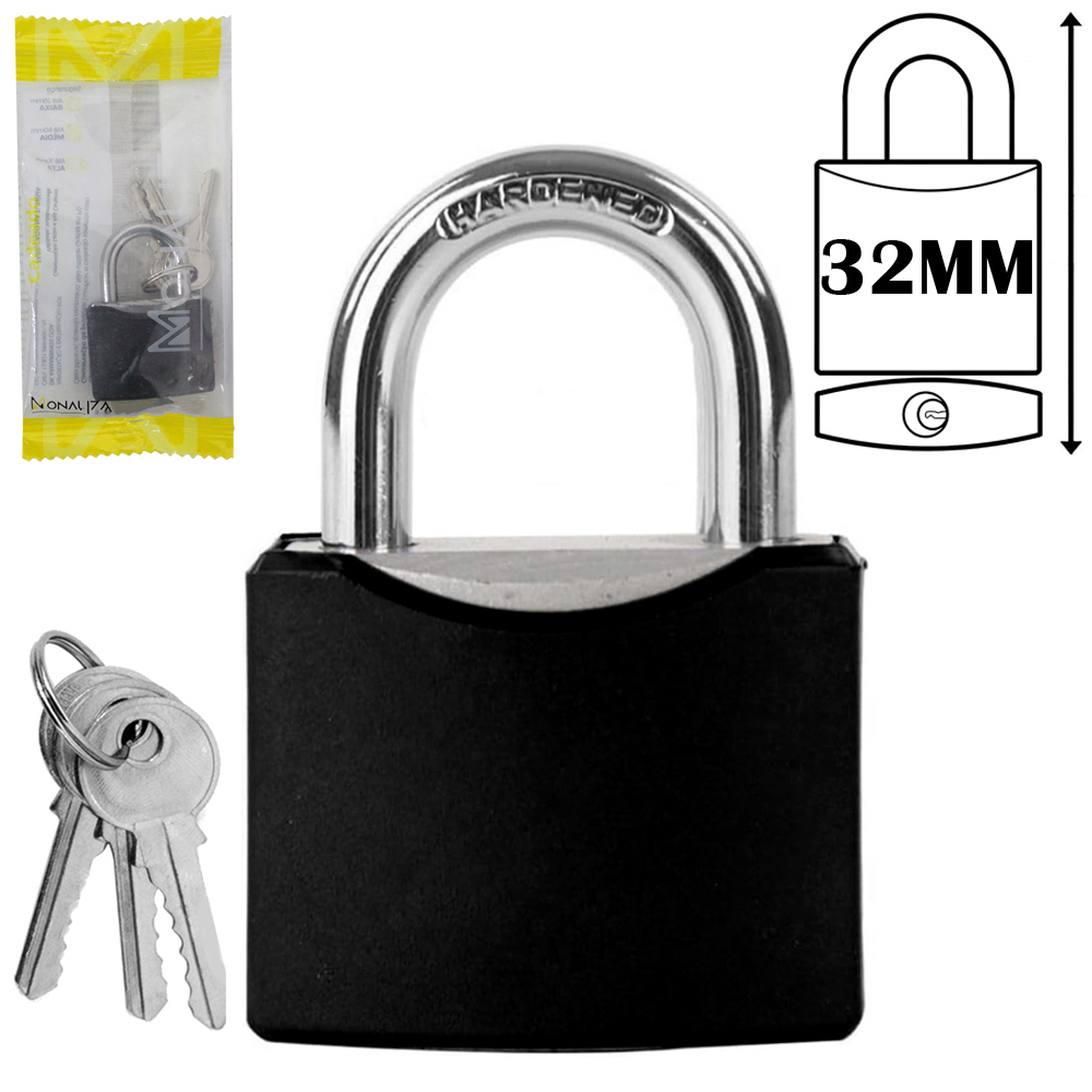 CADEADO 32MM HASTE CURTA COM 3 CHAVES REVESTIDO PRETO