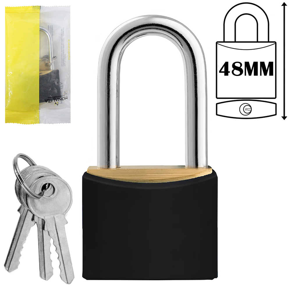 CADEADO 48MM HASTE LONGA COM 3 CHAVES REVESTIDO PRETO