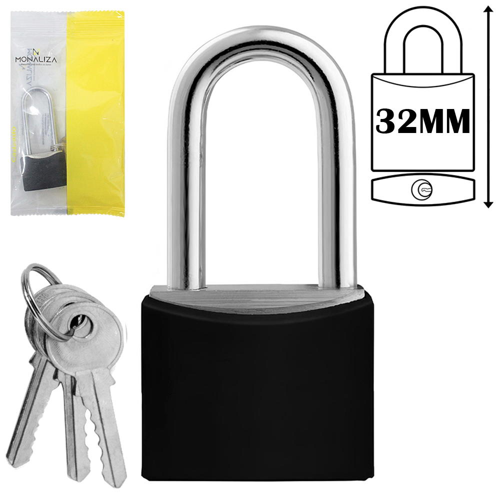 CADEADO 32MM HASTE LONGA COM 3 CHAVES REVESTIDO PRETO