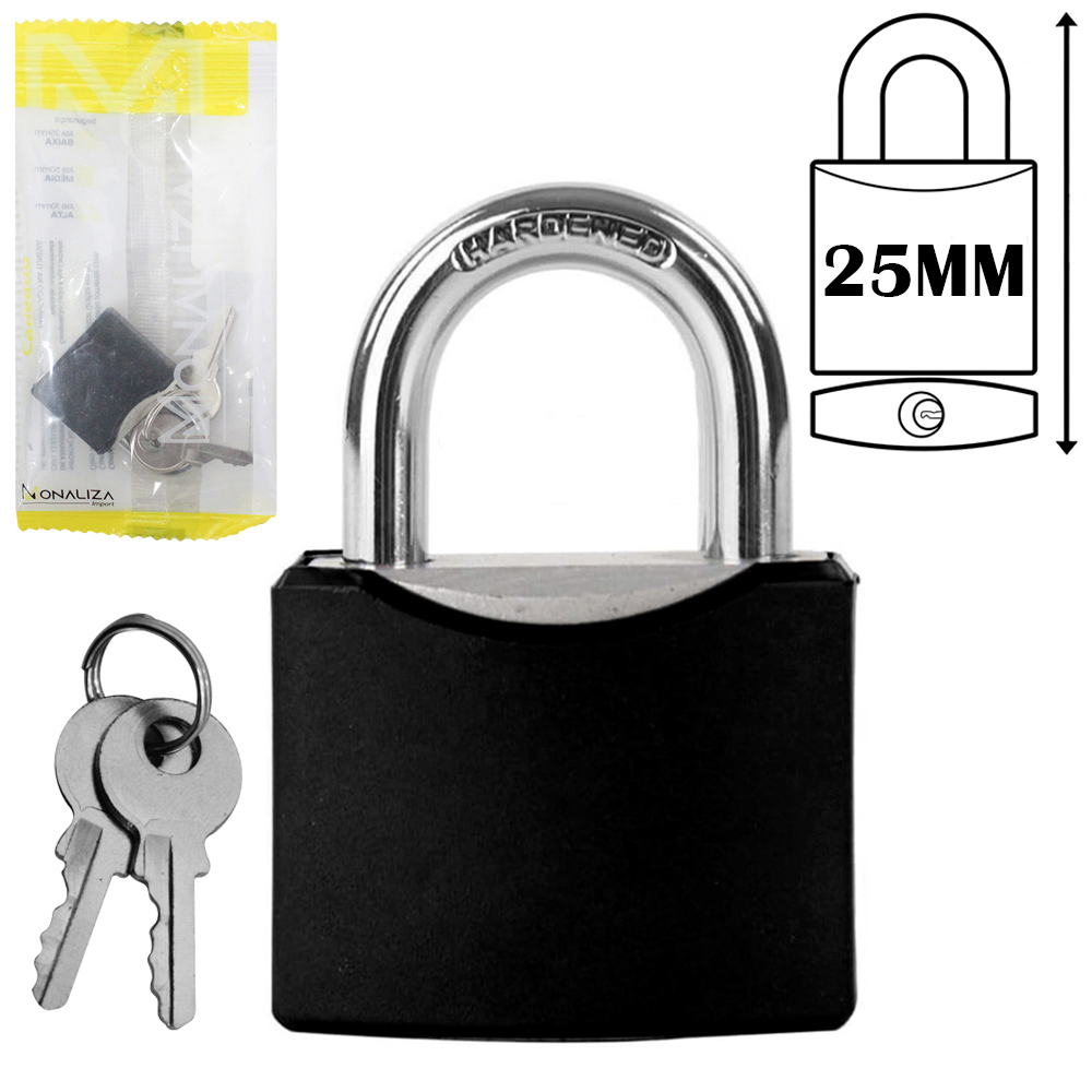 CADEADO 25MM HASTE CURTA COM 2 CHAVES REVESTIDO PRETO