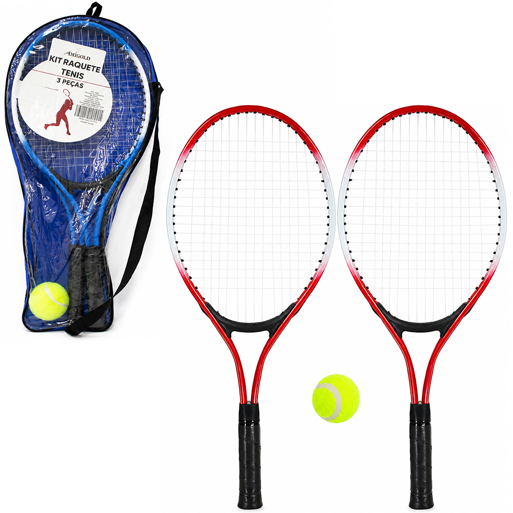 RAQUETE DE TENIS DE METAL COM 2 PECAS 52,3X22,3CM + BOLINHA 6CM DE Ø NA BOLSA