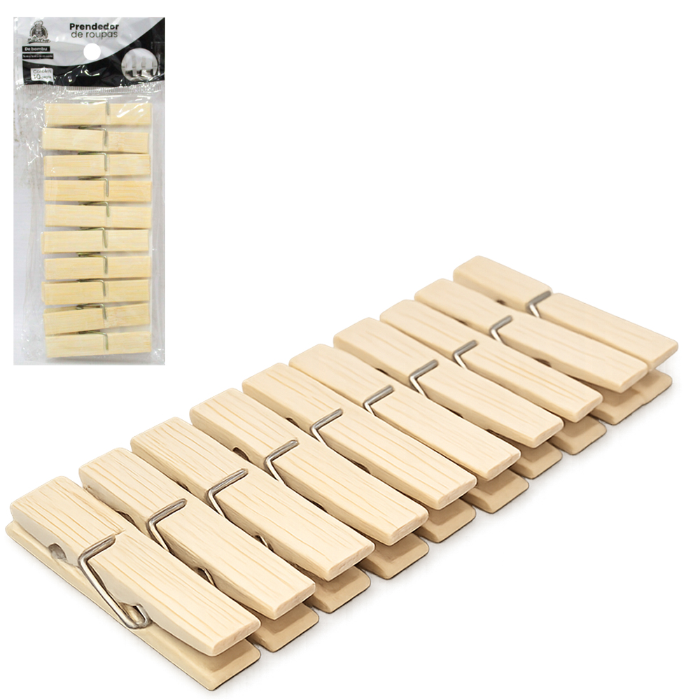 PRENDEDOR DE ROUPA DE BAMBU COM 10 PECAS 6X1CM