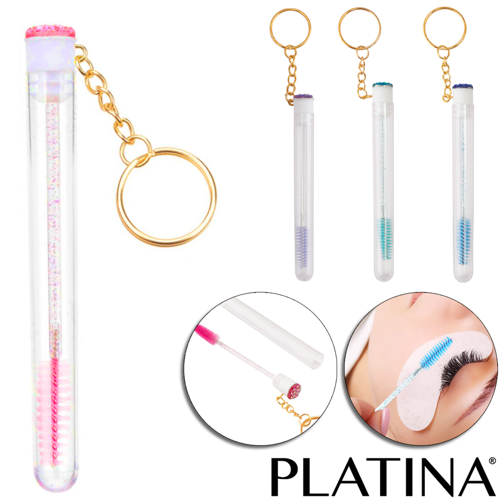 CHAVEIRO ESCOVINHA PARA CILIOS E SOBRANCELHAS GLITTER NO TUBO PLATINA