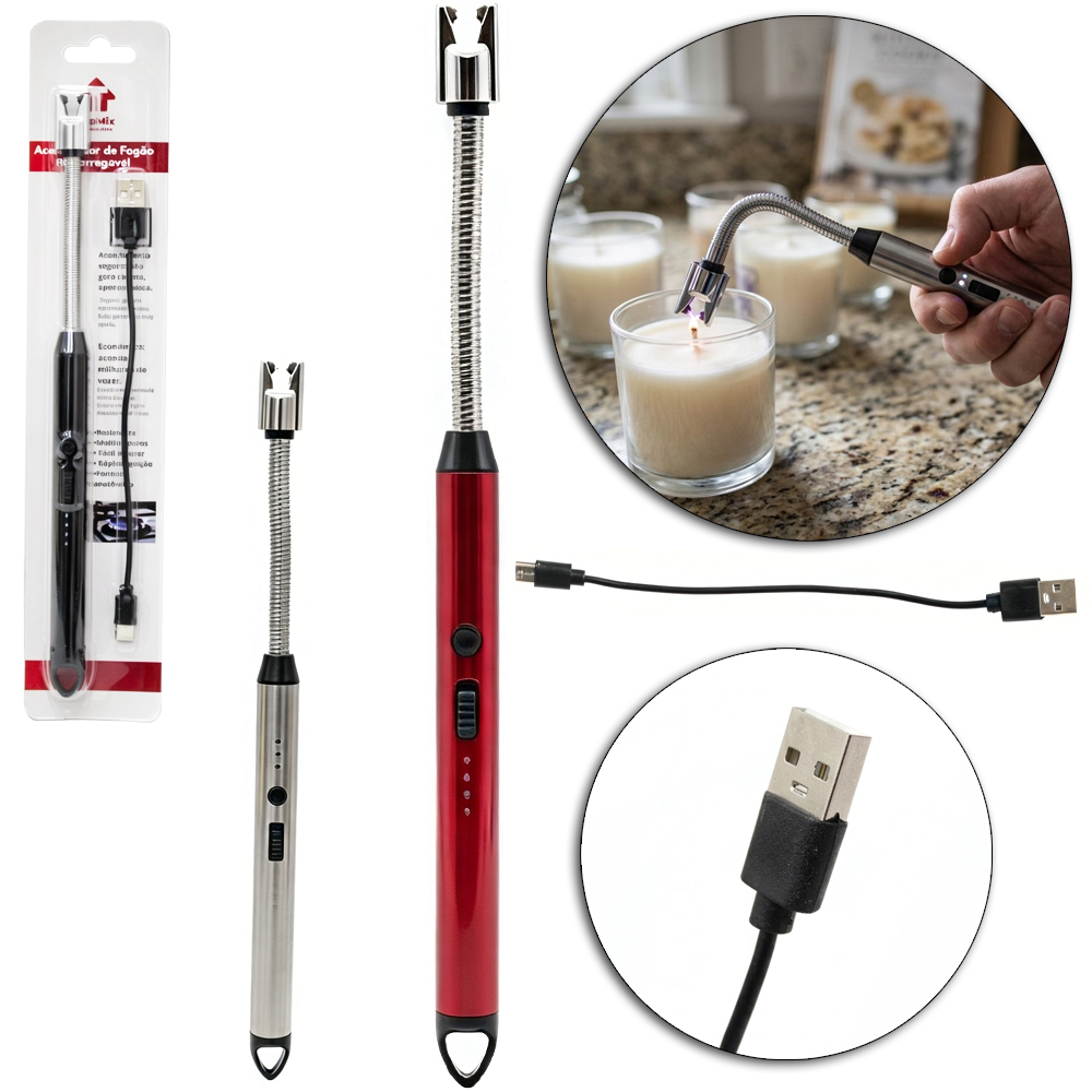ACENDEDOR DE FOGAO A GAS COM PONTA FLEXIVEL RECARREGAVEL + CABO USB 26CM  