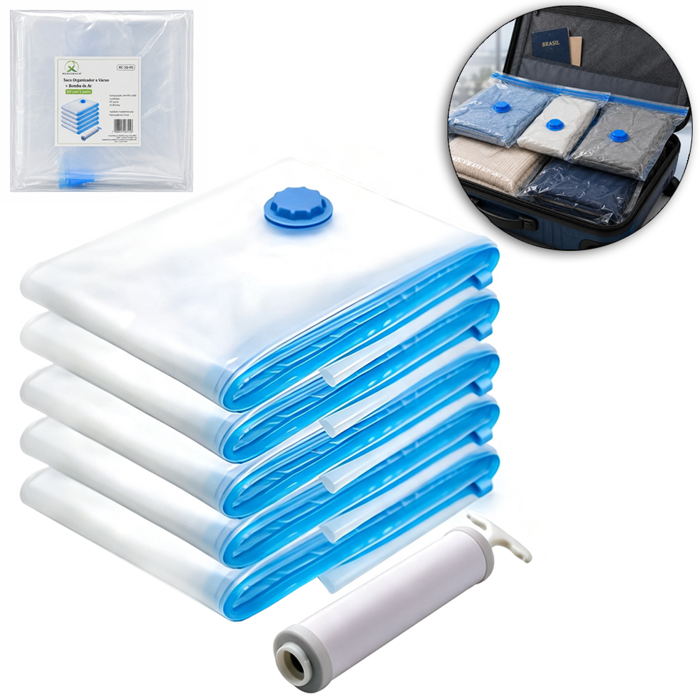 SACO ORGANIZADOR A VACUO 50X70CM PARA GUARDAR ROUPAS / TOALHAS / ALMOFADAS COM BOMBA DE SUCCAO MANUAL 6 PECAS X-CELL 
