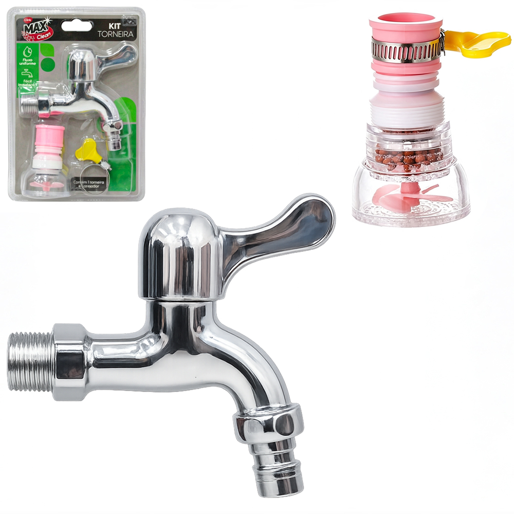 TORNEIRA PLASTICO PAREDE + CHUVEIRINHO BICO AREJADOR ANTIRRESPINGO EXTENSIVO COM FILTRO + ABRACADEIRA MAX CLEAN
