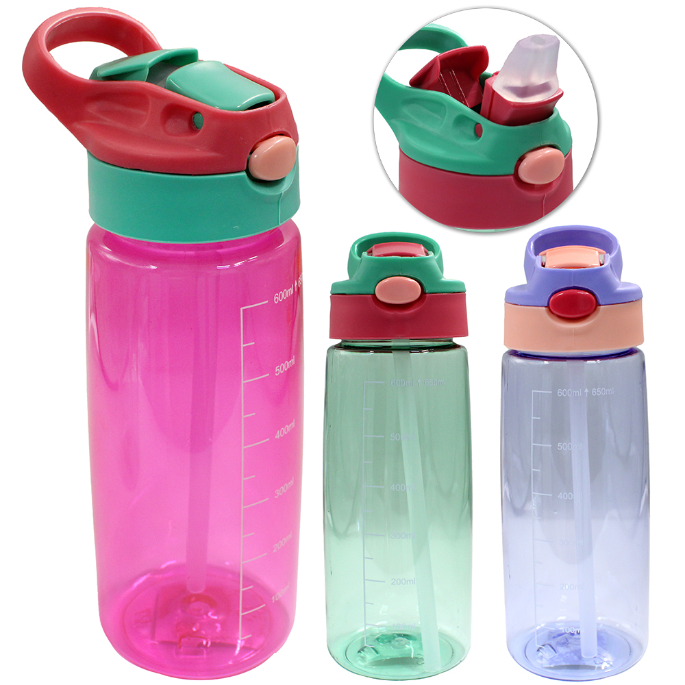 GARRAFA SQUEEZE DE PLASTICO COM CANUDO + BOTAO E ALCA 650ML 