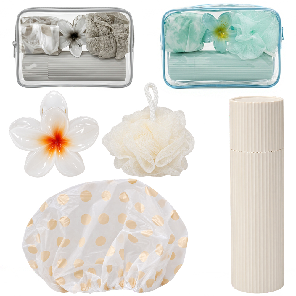 KIT VIAGEM C/PORTA ESCOVA + ESPONJA / BUCHA DE NYLON PARA BANHO + TOUCA E PIRANHA FLOR NA NECESSAIRE