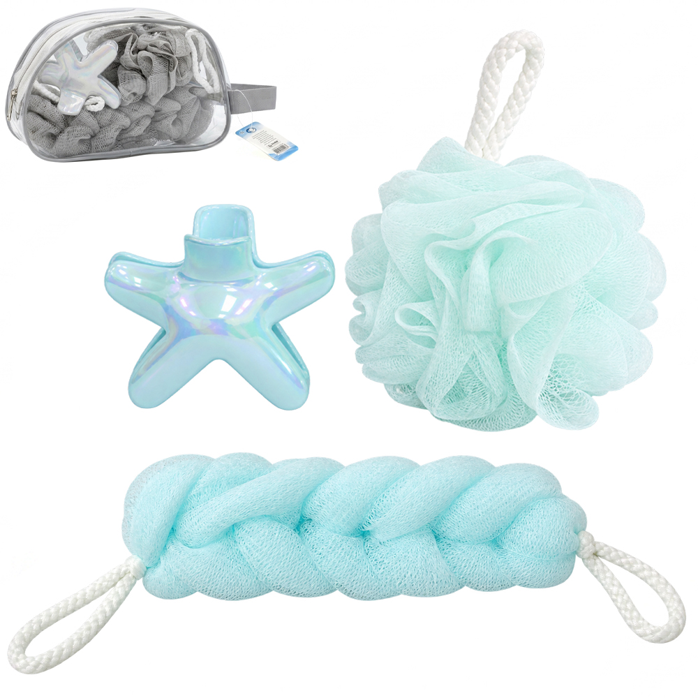 KIT VIAGEM COM 2 ESPONJA / BUCHA DE NYLON PARA BANHO + PIRANHA ESTRELA NA NECESSAIRE
