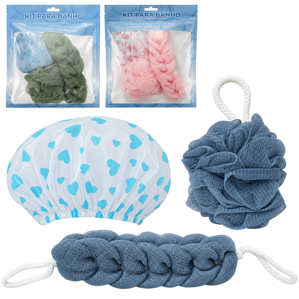 KIT VIAGEM COM 2 ESPONJA / BUCHA DE NYLON PARA BANHO + TOUCA 