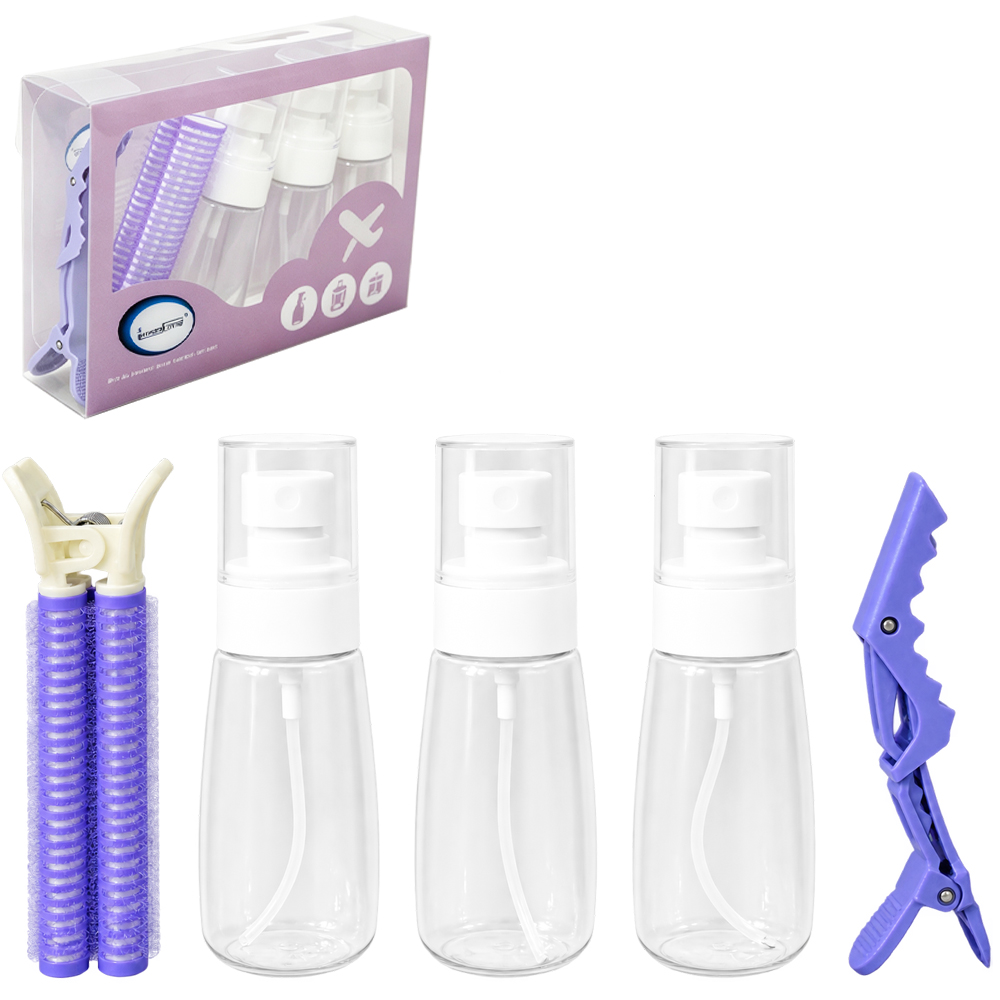 KIT FRASCO SPRAY PLASTICO PARA VIAGEM COM TAMPA 3 PECAS 60ML + BOB / PRESILHA AUTO ADERENTE E ACESSORIO PARA CABELO