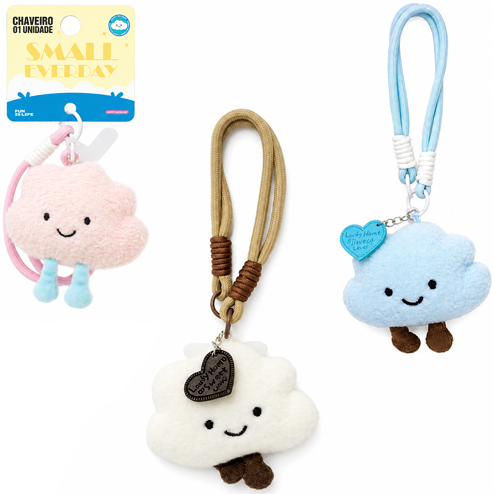 CHAVEIRO DE PELUCIA NUVEM COM MOSQUETAO E CORDAO