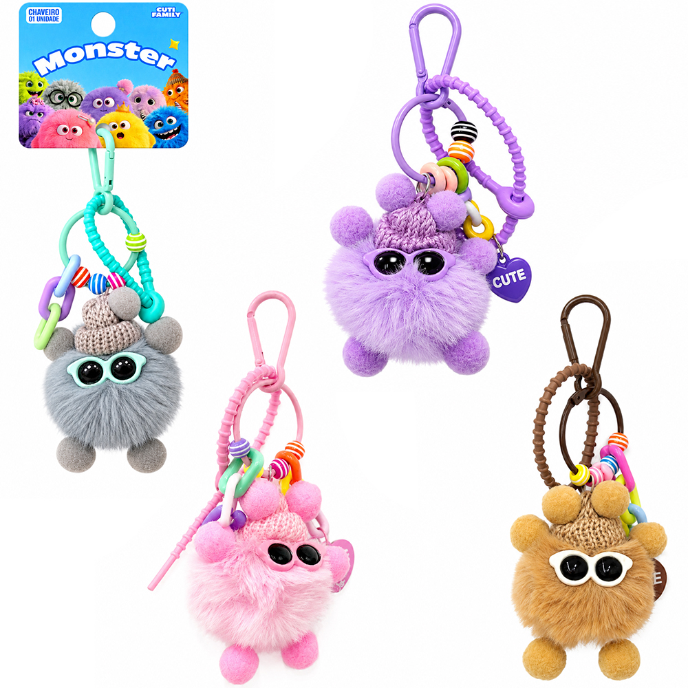 CHAVEIRO 2 EM 1 DE PELUCIA POM POM COM OCULOS + MOSQUETAO