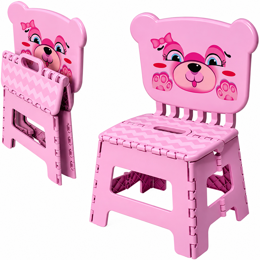 BANCO BANQUINHO BANQUETA DOBRAVEL COM ENCOSTO DE PLASTICO INFANTIL ROSA LABEL 46,5X34X24CM