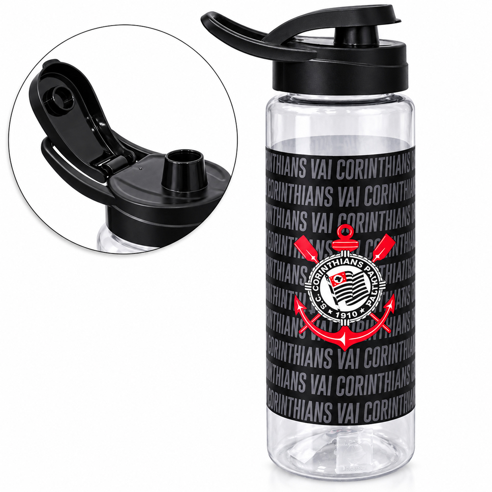 GARRAFA SQUEEZE DE PLASTICO PET CORINTHIANS COM TAMPA E ALCA 750ML