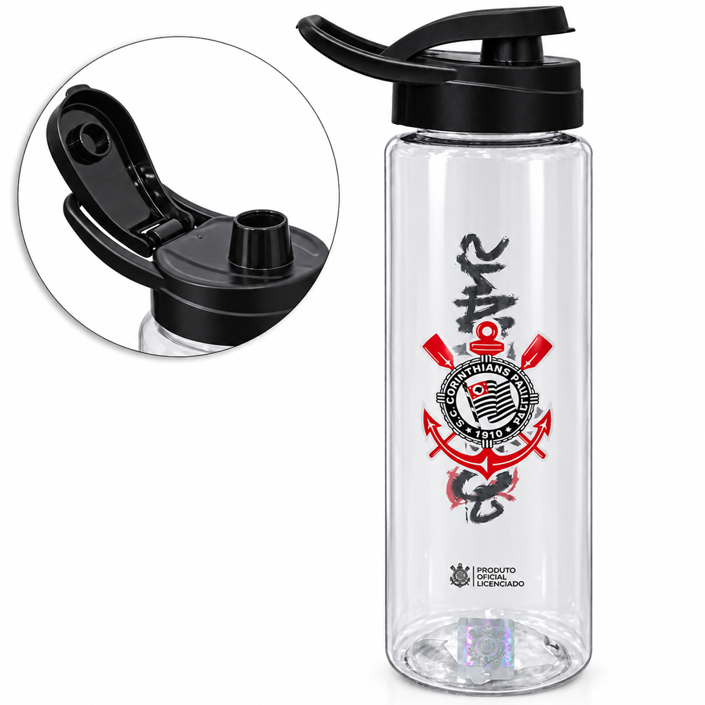 GARRAFA SQUEEZE DE PLASTICO PET CORINTHIANS COM TAMPA E ALCA 750ML