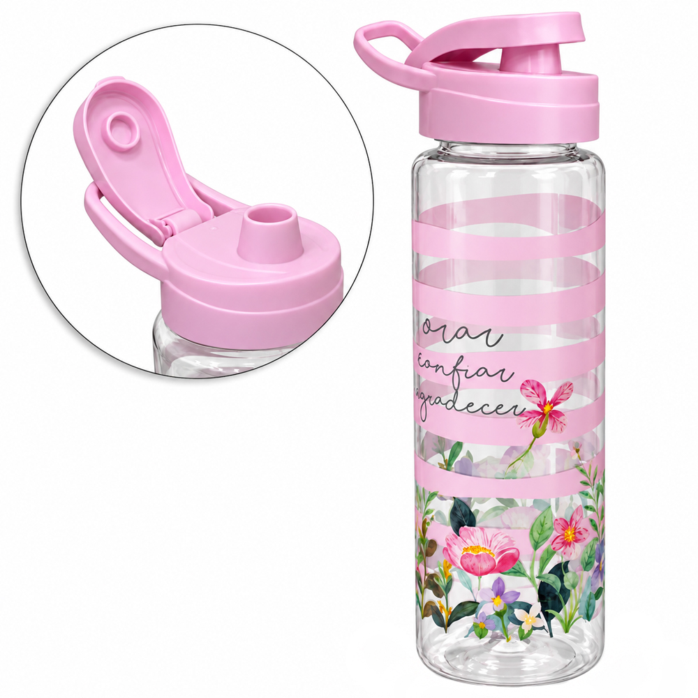 GARRAFA SQUEEZE DE PLASTICO PET ORAR CONFIAR AGRADECER COM TAMPA E ALCA 750ML