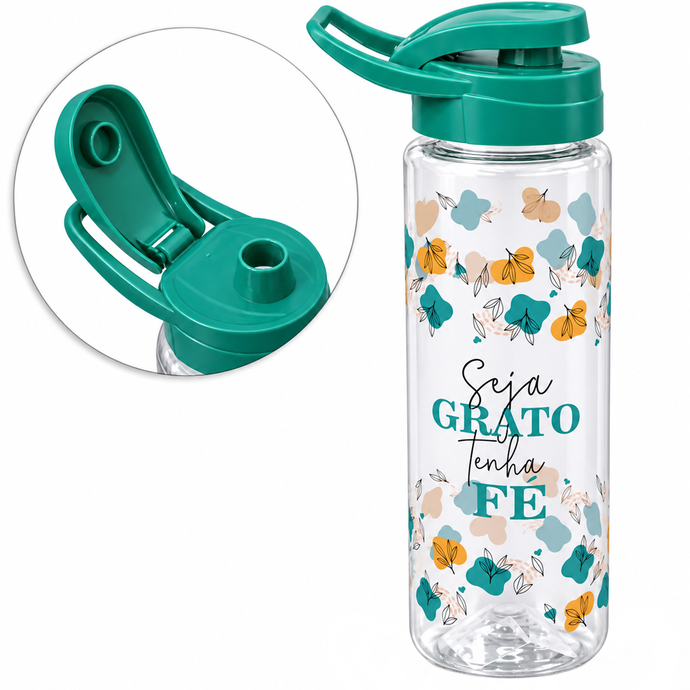 GARRAFA SQUEEZE DE PLASTICO PET SEJA GRATO TENHA FE COM TAMPA E ALCA 750ML