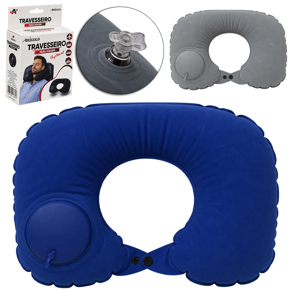 ALMOFADA INFLAVEL PVC DE PESCOCO / TRAVESSEIRO DE VIAGEM COM BOTAO PARA INFLAR 36X25CM 