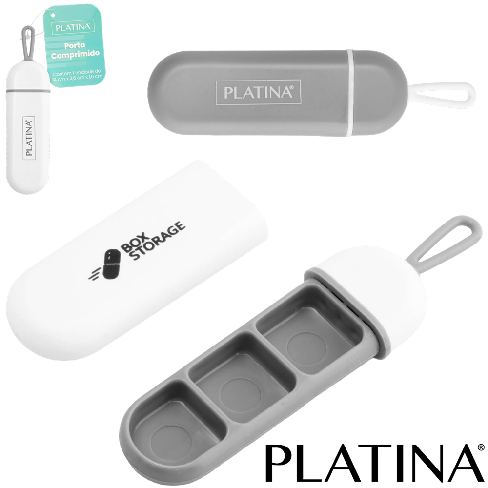 PORTA COMPRIMIDO DE PLASTICO OVAL COM 3 COMPARTIMENTOS + ALCA PLATINA 14X3,6X1,6CM