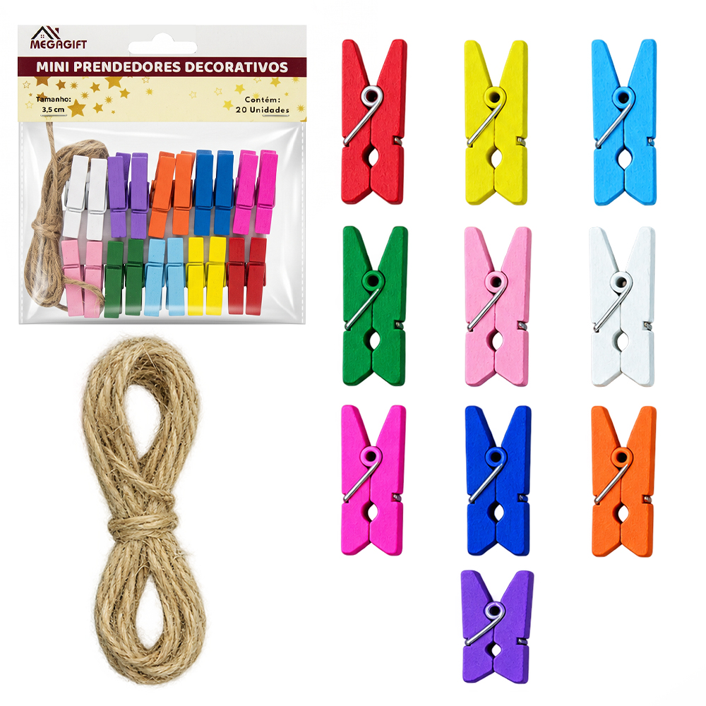 MINI PRENDEDOR DE MADEIRA COM 20 PECAS 3,5CM + CORDAO 2M