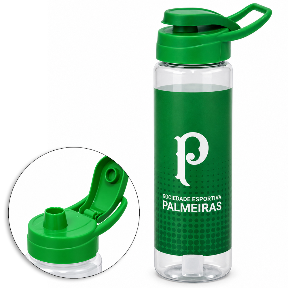 GARRAFA SQUEEZE DE PLASTICO PET PALMEIRAS COM TAMPA E ALCA 750ML