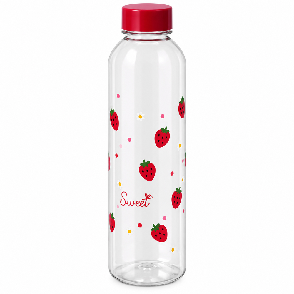 GARRAFA SQUEEZE DE PLASTICO PET MORANGO COM TAMPA 600ML
