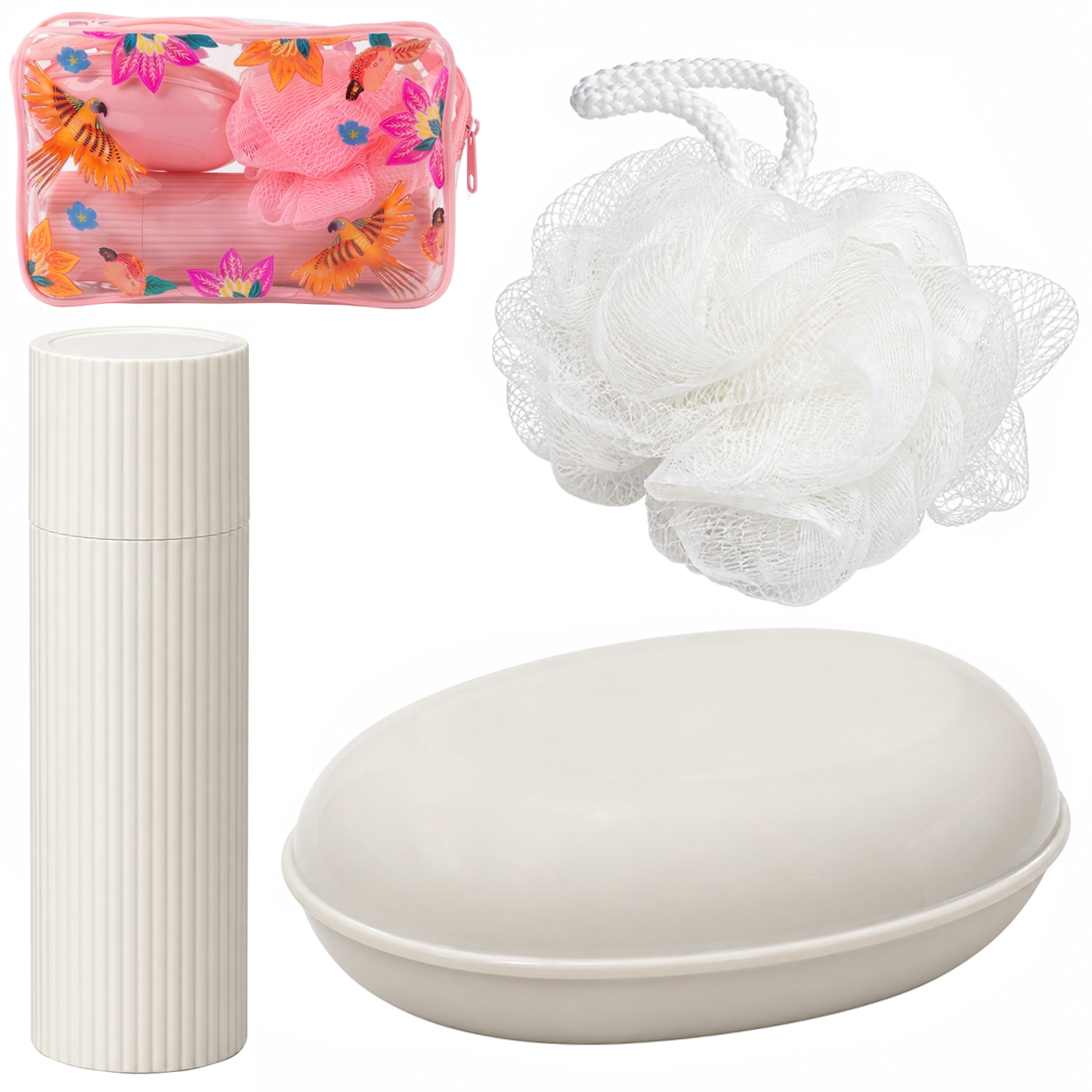 KIT VIAGEM COM PORTA ESCOVA + SABONETEIRA E ESPONJA / BUCHA DE NYLON PARA BANHO TROPICAL NA NECESSAIRE