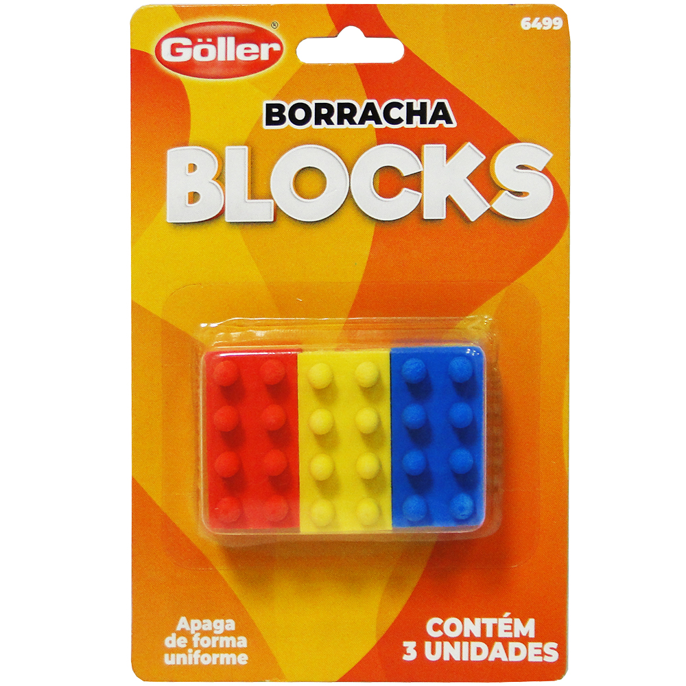 BORRACHA ESCOLAR BLOCO BLOCKS COM 3 PECAS NA CARTELA