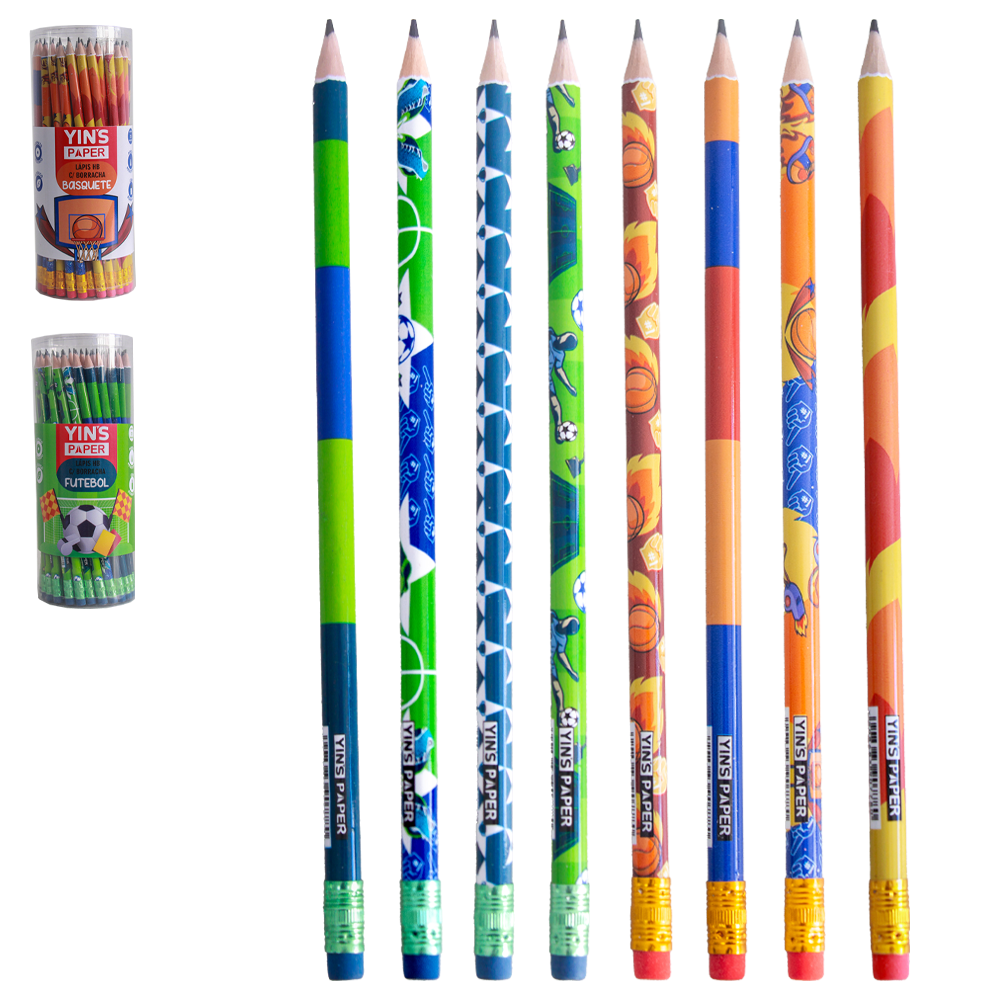 LAPIS GRAFITE HB REDONDO BASQUETE COM BORRACHA YINS PAPER COM 72 PECAS 19CM NO TUBO