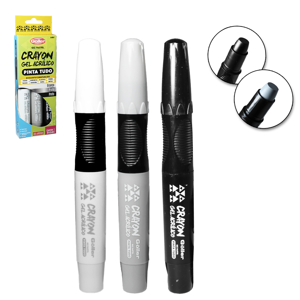 MARCADOR GIZ PASTEL CRAYON GEL ACRILICO PINTA TUDO BRANCO / PRATA / PRETO COM 3 PECAS