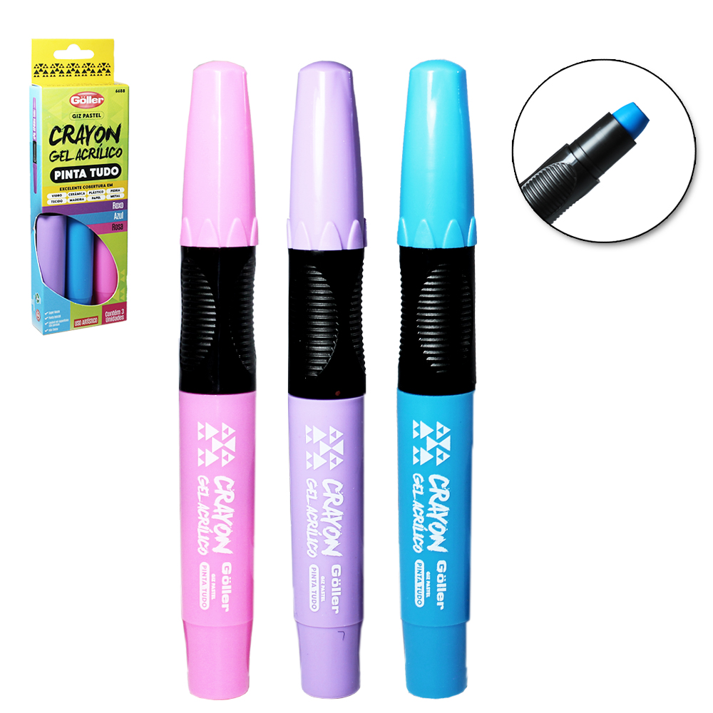 MARCADOR GIZ PASTEL CRAYON GEL ACRILICO PINTA TUDO ROXO / AZUL / ROSA COM 3 PECAS