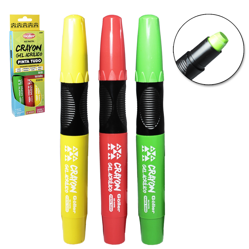 MARCADOR GIZ PASTEL CRAYON GEL ACRILICO PINTA TUDO VERDE / VERMELHO / AMARELO COM 3 PECAS