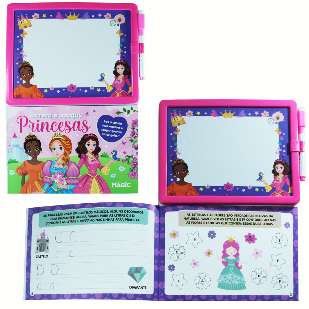 LIVRO COM QUADRO / LOUSA BRANCA PRINCESAS ESCREVA E APAGUE + CANETA COM APAGADOR