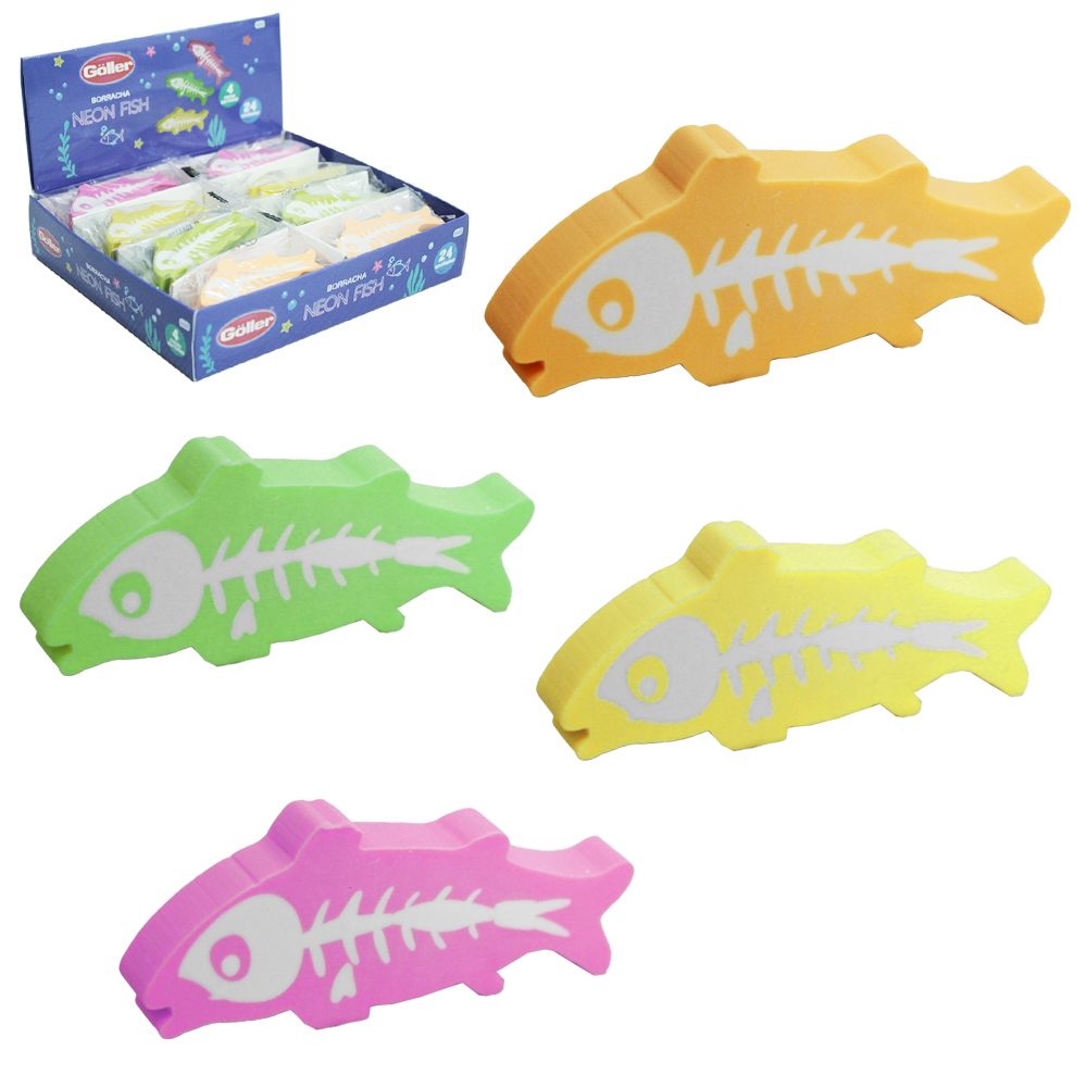 BORRACHA ESCOLAR NEON FISH COM 24 PECAS