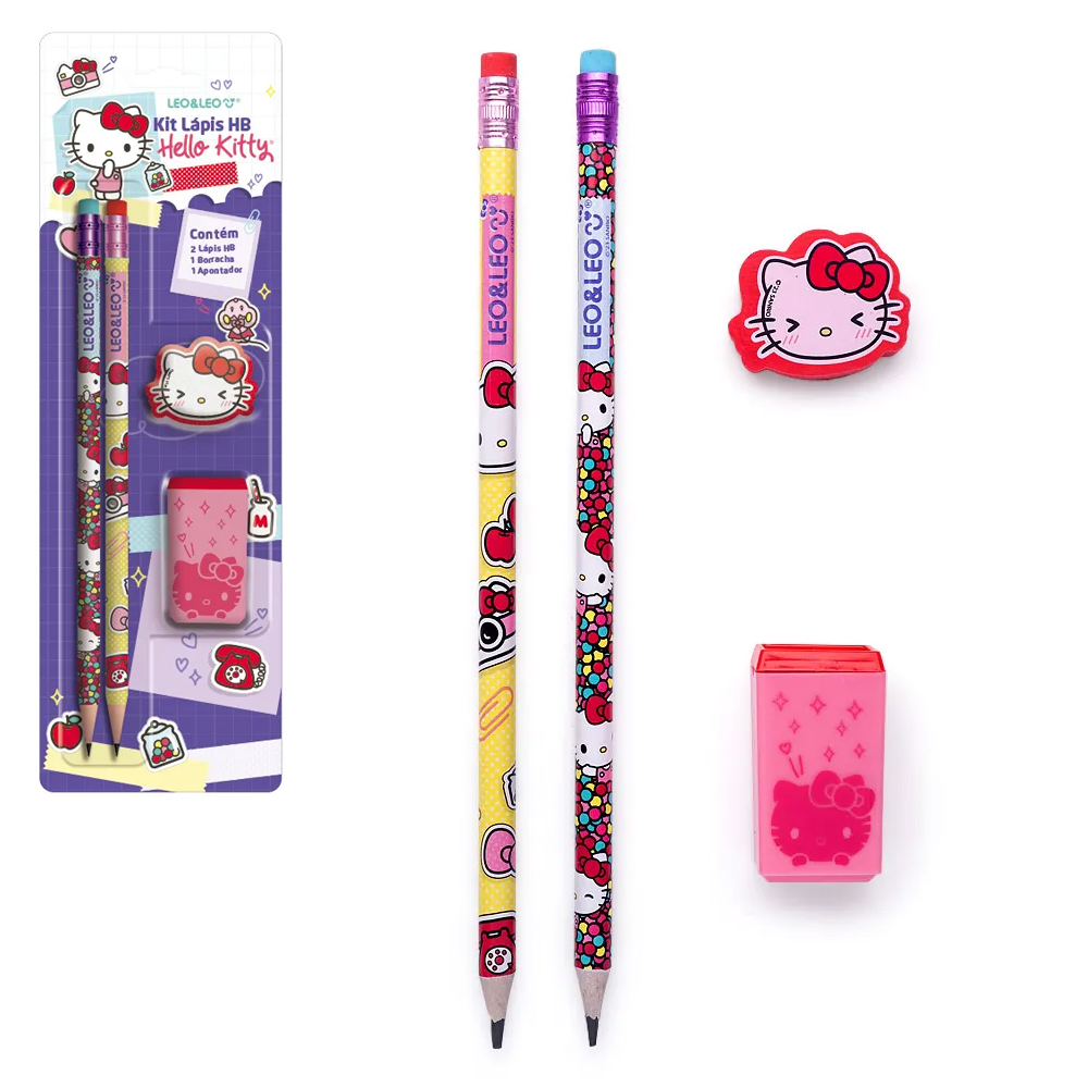 KIT ESCOLAR COM 2 LAPIS GRAFITE REDONDO + APONTADOR + BORRACHA HELLO KITTY 