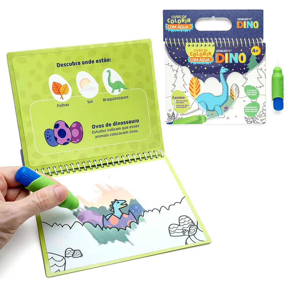 LIVRO AQUABOOK DINOSSAURO + CANETA PINCEL PARA COLORIR COM AGUA 4 PAGINAS 19X15,5CM 