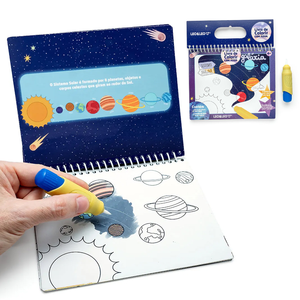 LIVRO AQUABOOK GALAXIA + CANETA PINCEL PARA COLORIR COM AGUA 4 PAGINAS 19X15,5CM 